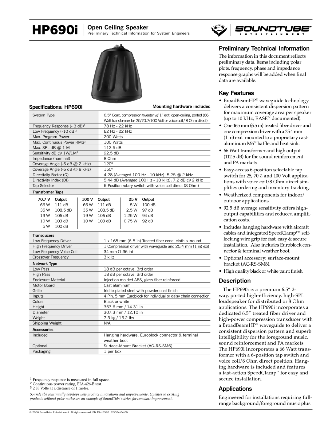 Phase Technology HP690i specifications Preliminary Technical Information, Key Features, Description, Applications 