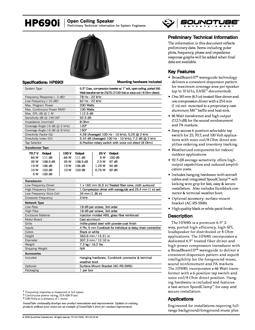 Phase Technology HP690i specifications Open Ceiling Speaker, Preliminary TechnicalInformation, Key Features, Description 
