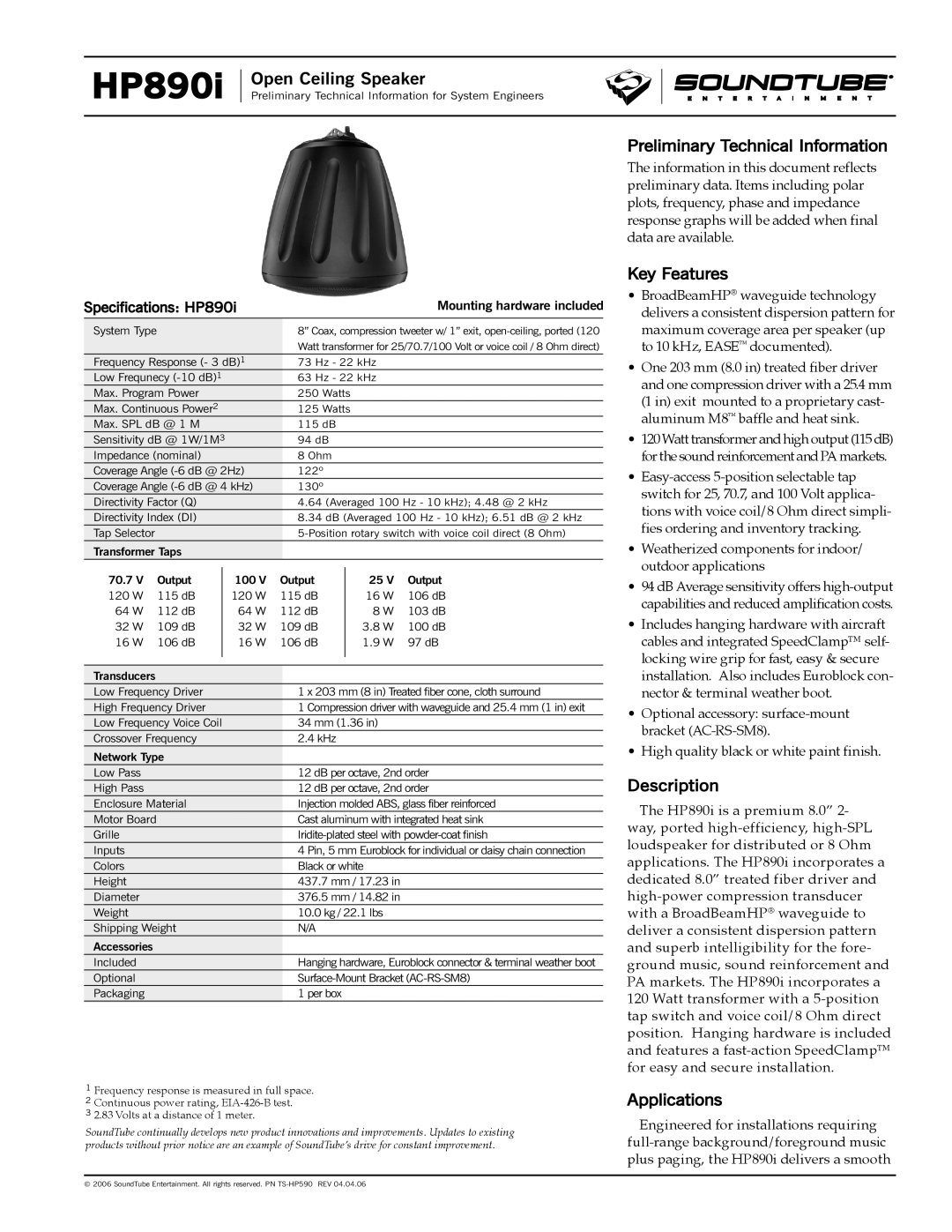 Phase Technology HP890i specifications Preliminary Technical Information, Key Features, Description, Applications 