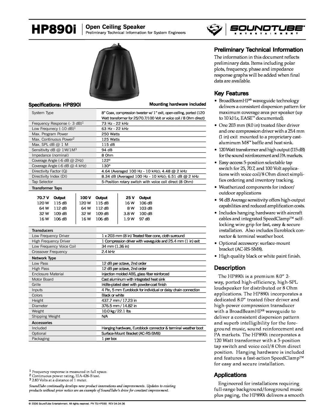 Phase Technology HP890i specifications Open Ceiling Speaker, Preliminary TechnicalInformation, Key Features, Description 