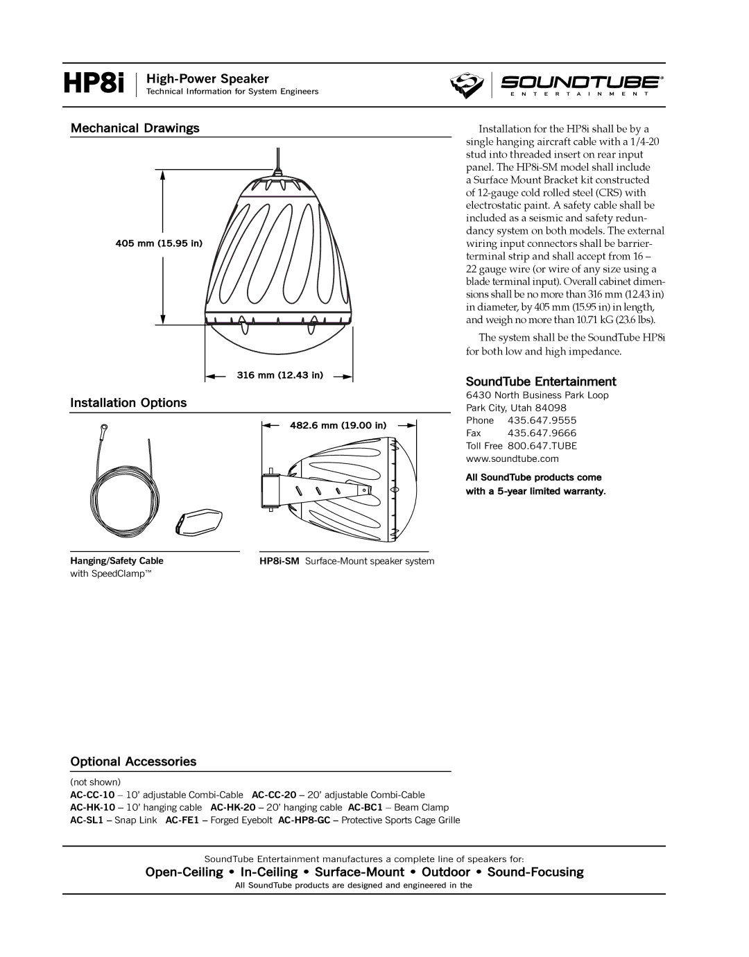 Phase Technology HP8i Mechanical Drawings, Installation Options, SoundTube Entertainment, Optional Accessories 