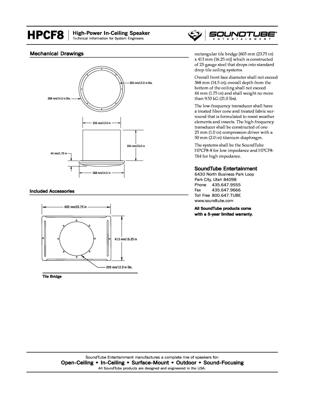 Phase Technology HPCF8 specifications Mechanical Drawings, SoundTube Entertainment, High-Power In-CeilingSpeaker 