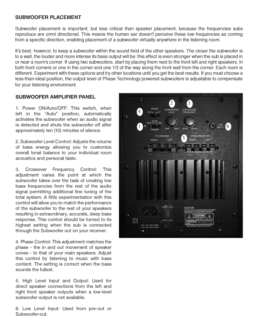 Phase Technology HV121, HV101, HV81 owner manual Subwoofer Placement, Subwoofer Amplifier Panel 