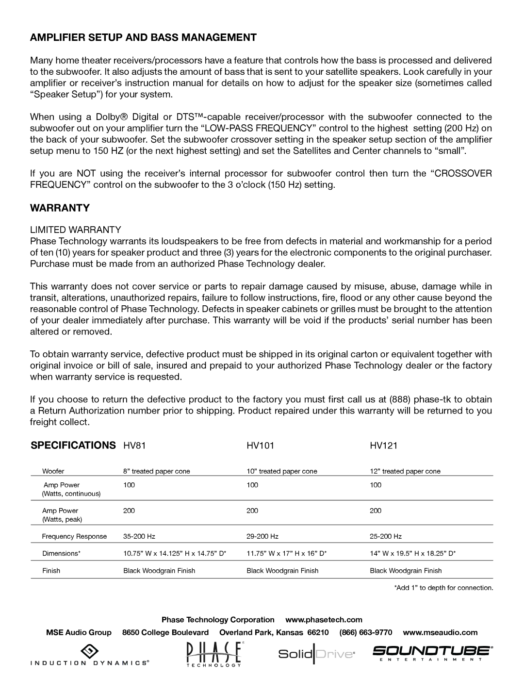 Phase Technology HV81, HV101, HV121 owner manual Amplifier Setup and Bass Management, Warranty, Specifications 