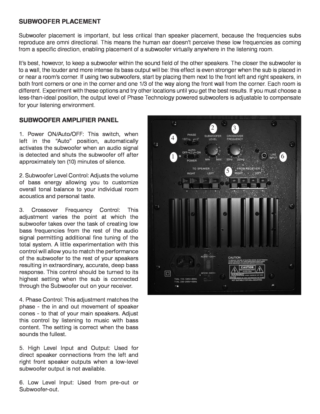 Phase Technology HV121, HV101, HV81 owner manual Subwoofer Placement, Subwoofer Amplifier Panel 