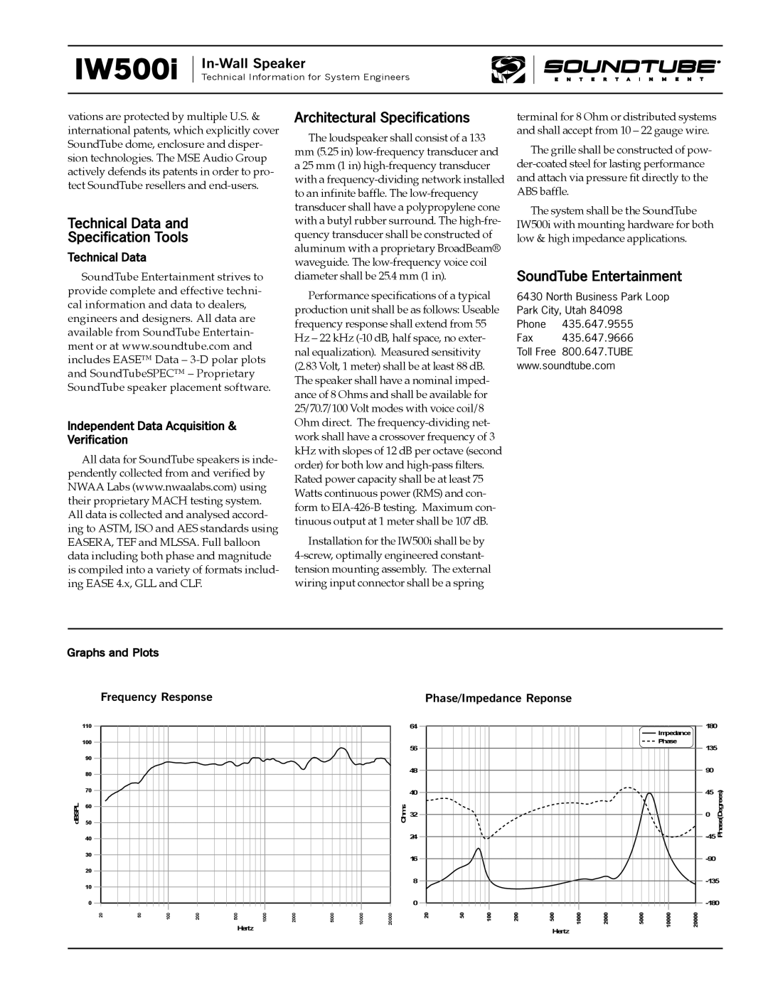 Phase Technology IW500i Technical Data Specification Tools, Architectural Specifications, SoundTube Entertainment 