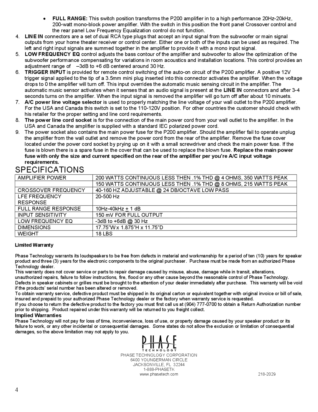 Phase Technology P-200 manual Specifications, Weight 