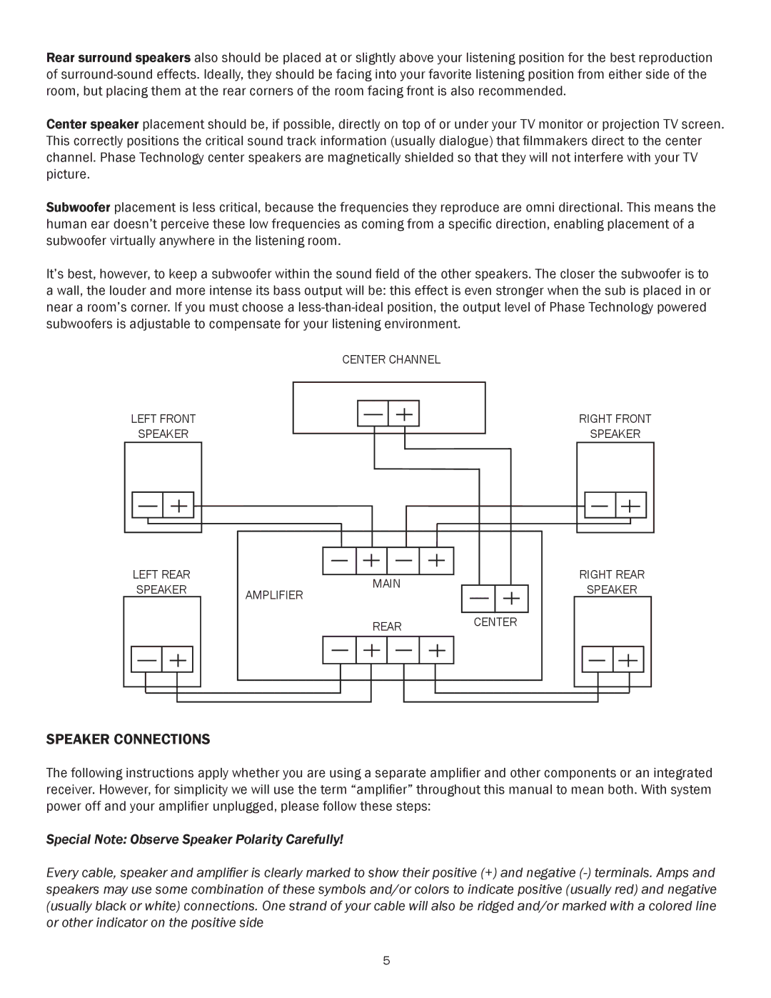 Phase Technology PC-33.5 PC-SUB, PC-1.1 II owner manual Speaker Connections 