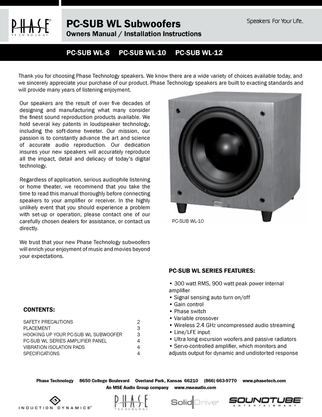 Phase Technology PC-SUB WL-8, PC-SUB WL-10, PC-SUB WL-12 owner manual PC-SUB WL Series Features, Contents 