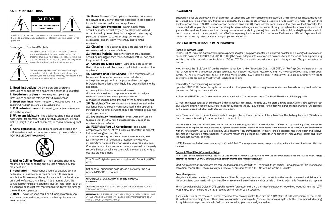 Phase Technology PC-SUB WL-12 Safety Instructions, Portable Cart Warning, Power Cord Protection Power supply cords 