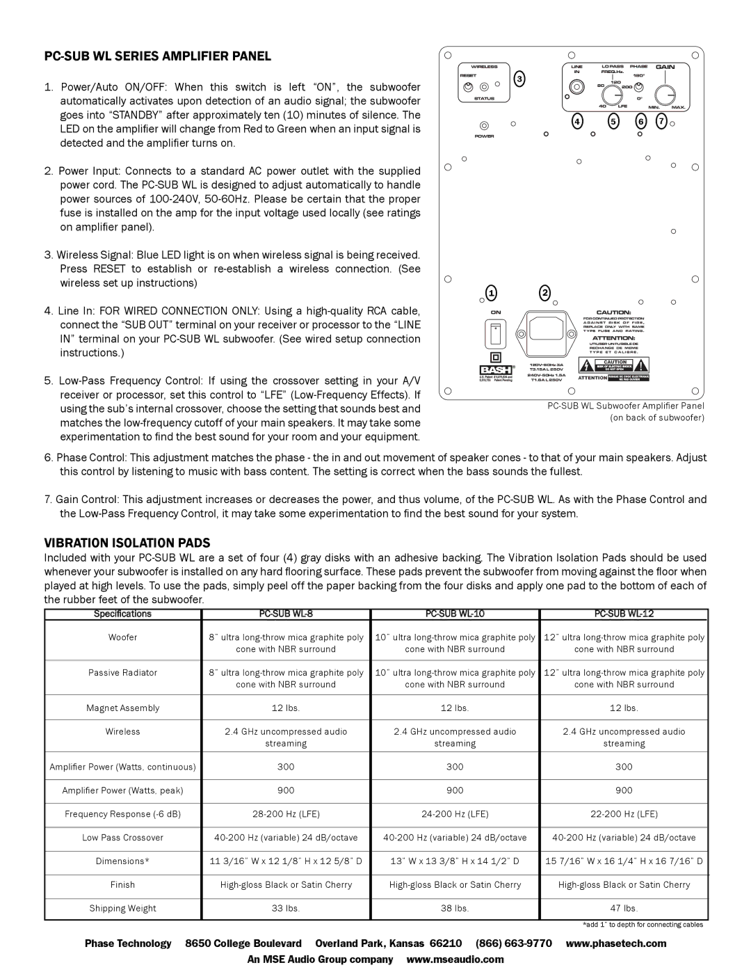 Phase Technology PC-SUB WL-10, PC-SUB WL-8, PC-SUB WL-12 PC-SUB WL Series Amplifier Panel, Vibration Isolation Pads 