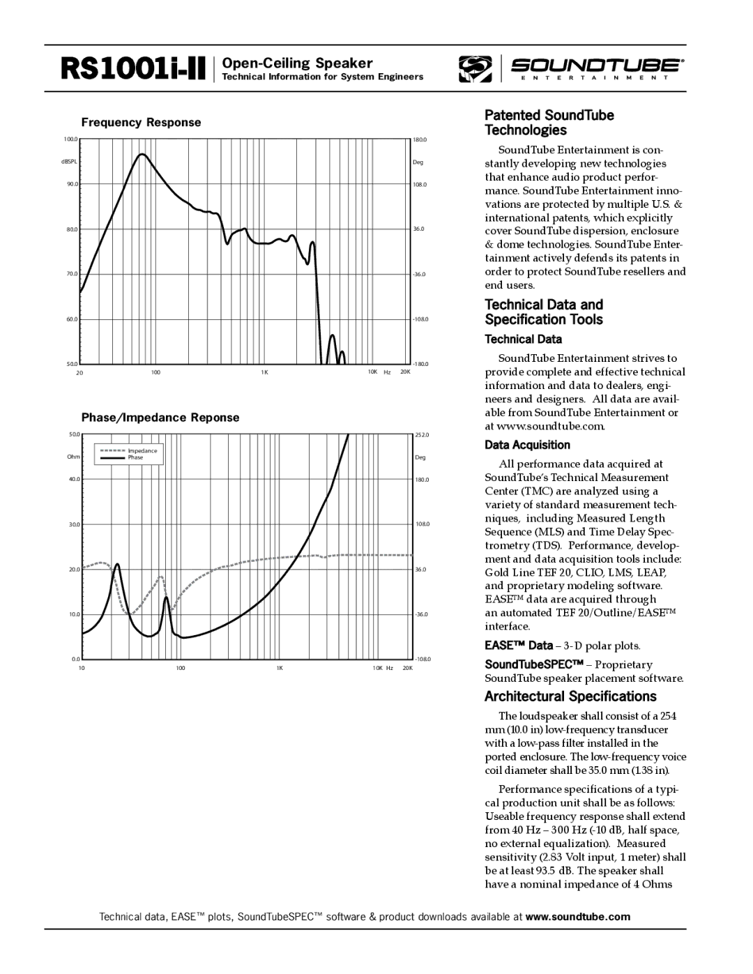 Phase Technology RS1001i-II specifications Patented SoundTube Technologies, Technical Data Specification Tools 