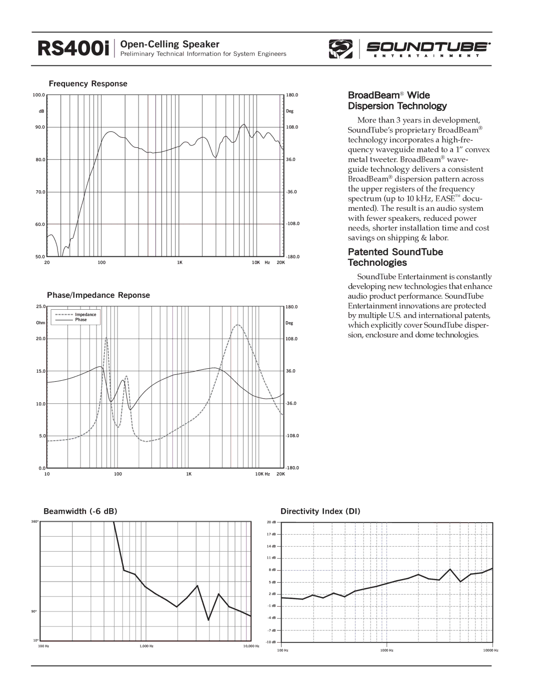 Phase Technology RS400i specifications BroadBeam Wide Dispersion Technology, Patented SoundTube Technologies 