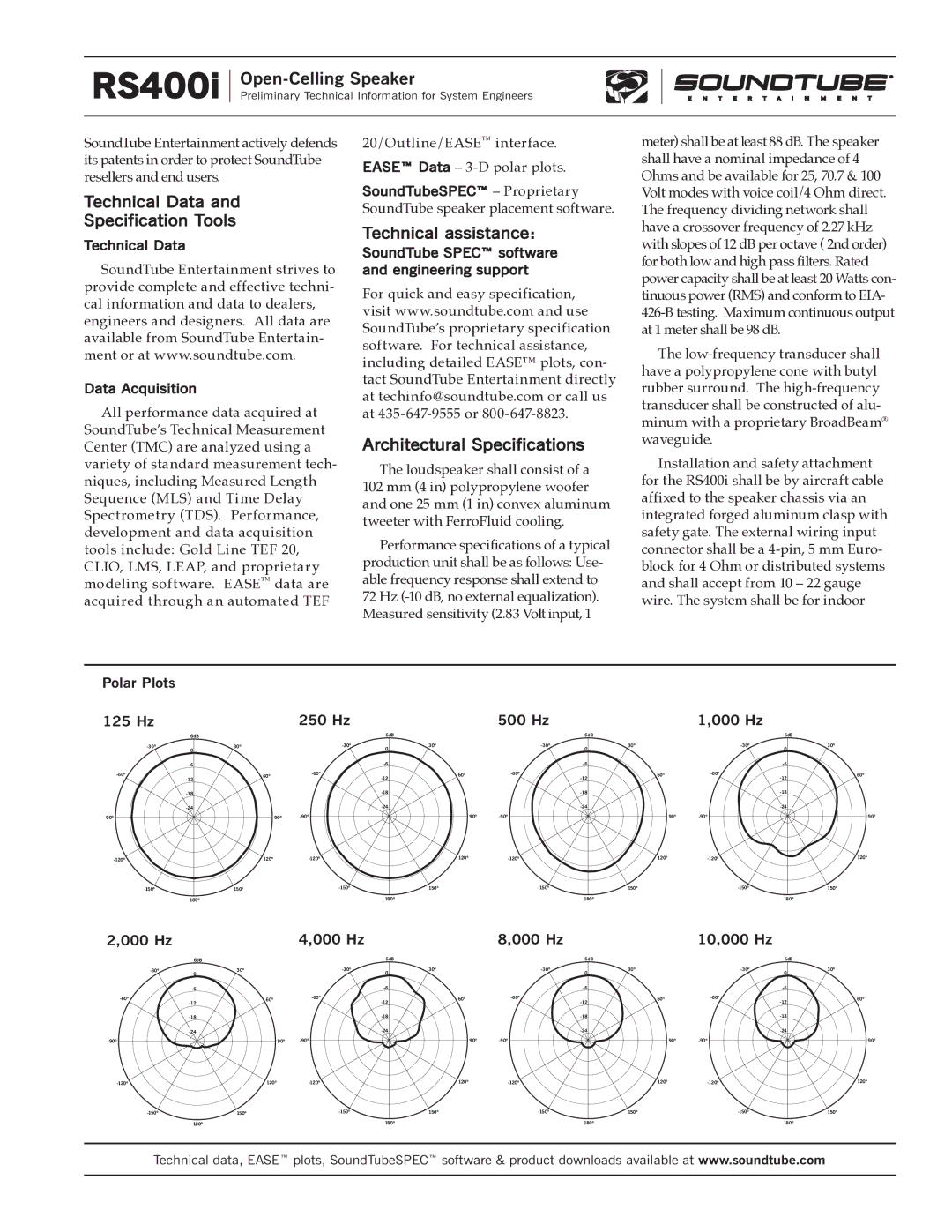 Phase Technology RS400i Technical Data Specification Tools, Technical assistance, Architectural Specifications 