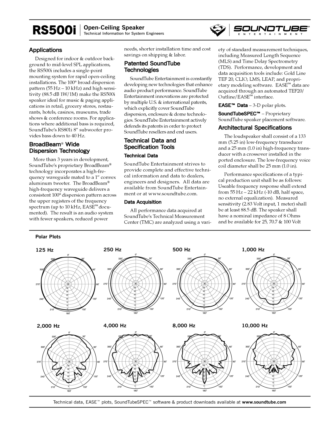 Phase Technology RS500i specifications Applications, BroadBeam Wide Dispersion Technology, Patented SoundTube Technologies 