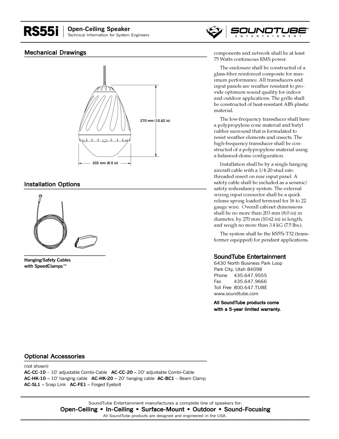 Phase Technology RS55i Mechanical Drawings, Installation Options, SoundTube Entertainment, Optional Accessories 
