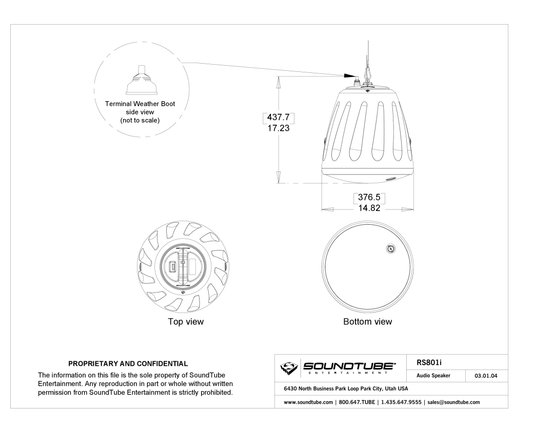 Phase Technology RS801i manual Top view 437.7 17.23 376.5 14.82 Bottom view, Proprietary and Confidential 