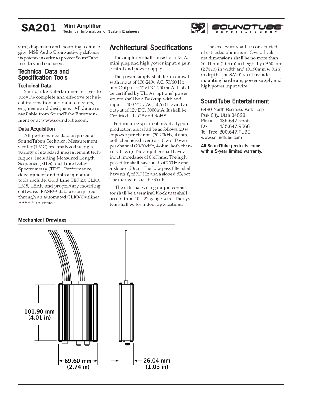 Phase Technology SA201 specifications Technical Data Specification Tools, SoundTube Entertainment, Max gain shall be 35 dB 