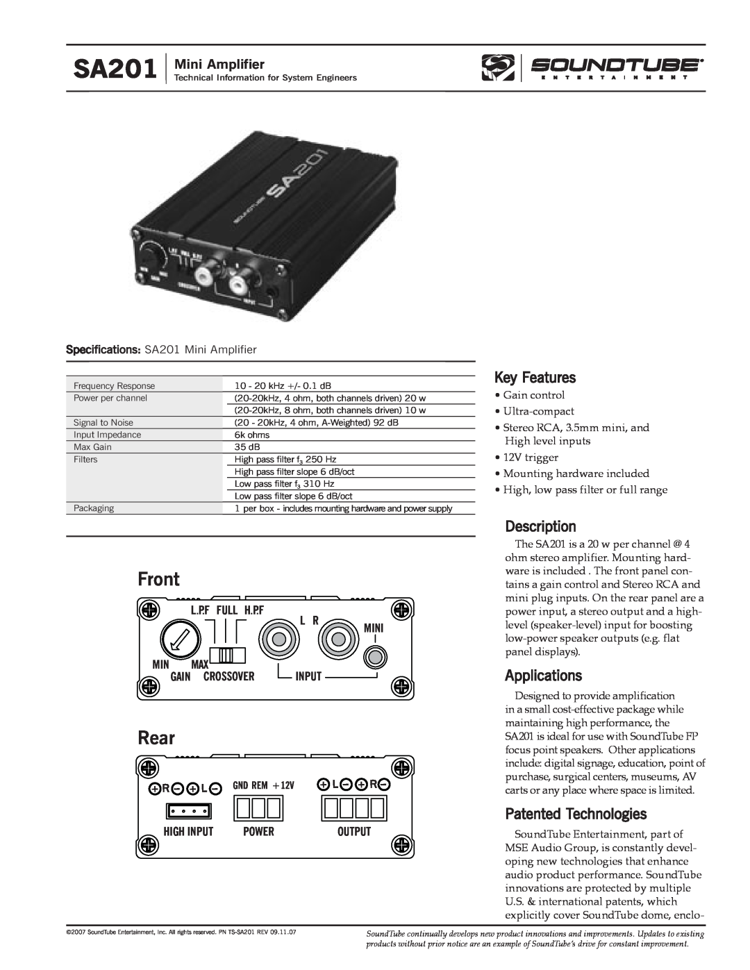 Phase Technology SA201 specifications Key Features, Description, Applications, Patented Technologies, Mini Amplifier, Rear 