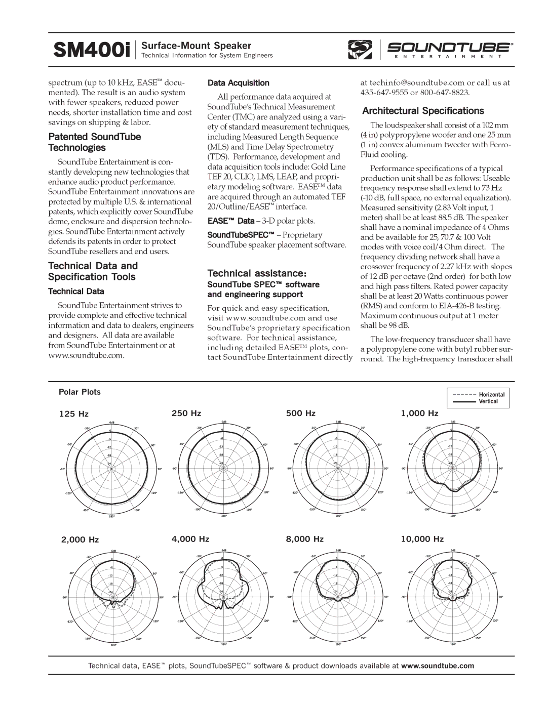 Phase Technology SM400i Patented SoundTube Technologies, Technical Data Specification Tools, Technical assistance 