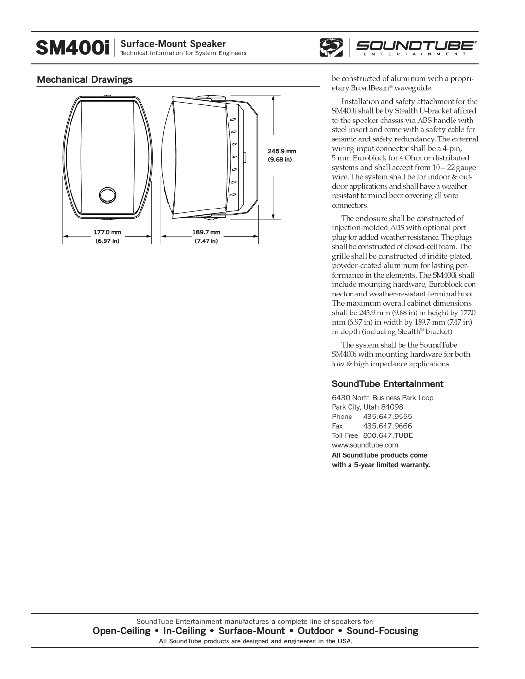 Phase Technology SM400i specifications Mechanical Drawings, SoundTube Entertainment 