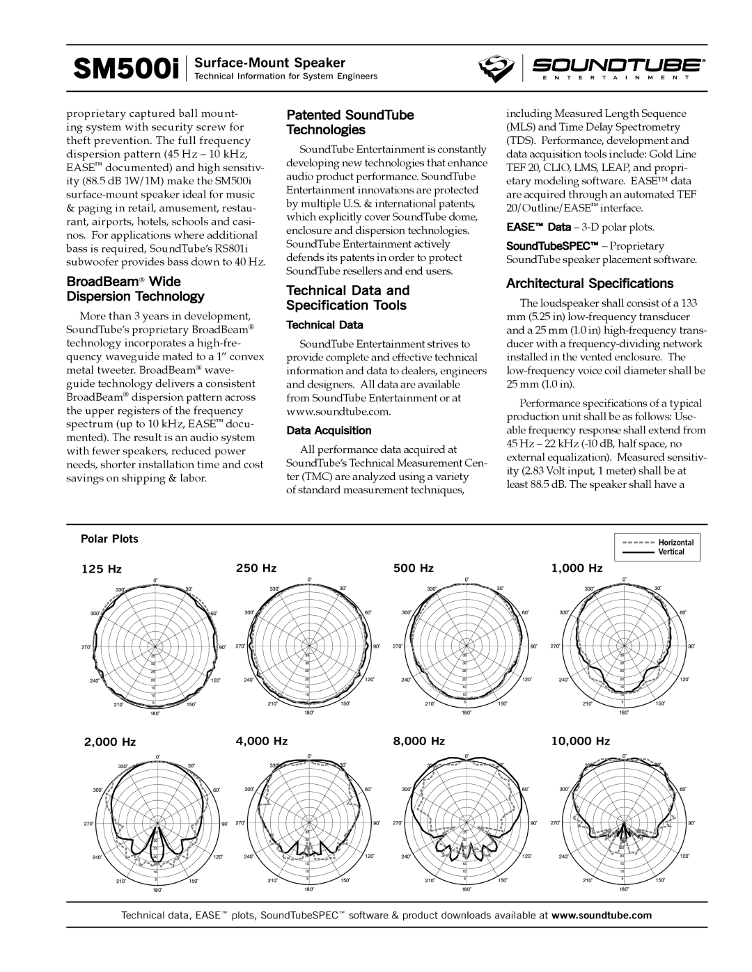 Phase Technology SM500i specifications BroadBeam Wide Dispersion Technology, Patented SoundTube Technologies 