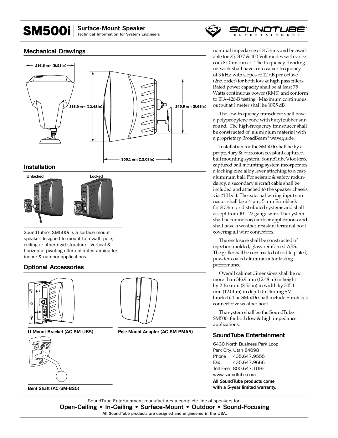 Phase Technology SM500i specifications Mechanical Drawings, Installation, Optional Accessories, SoundTube Entertainment 