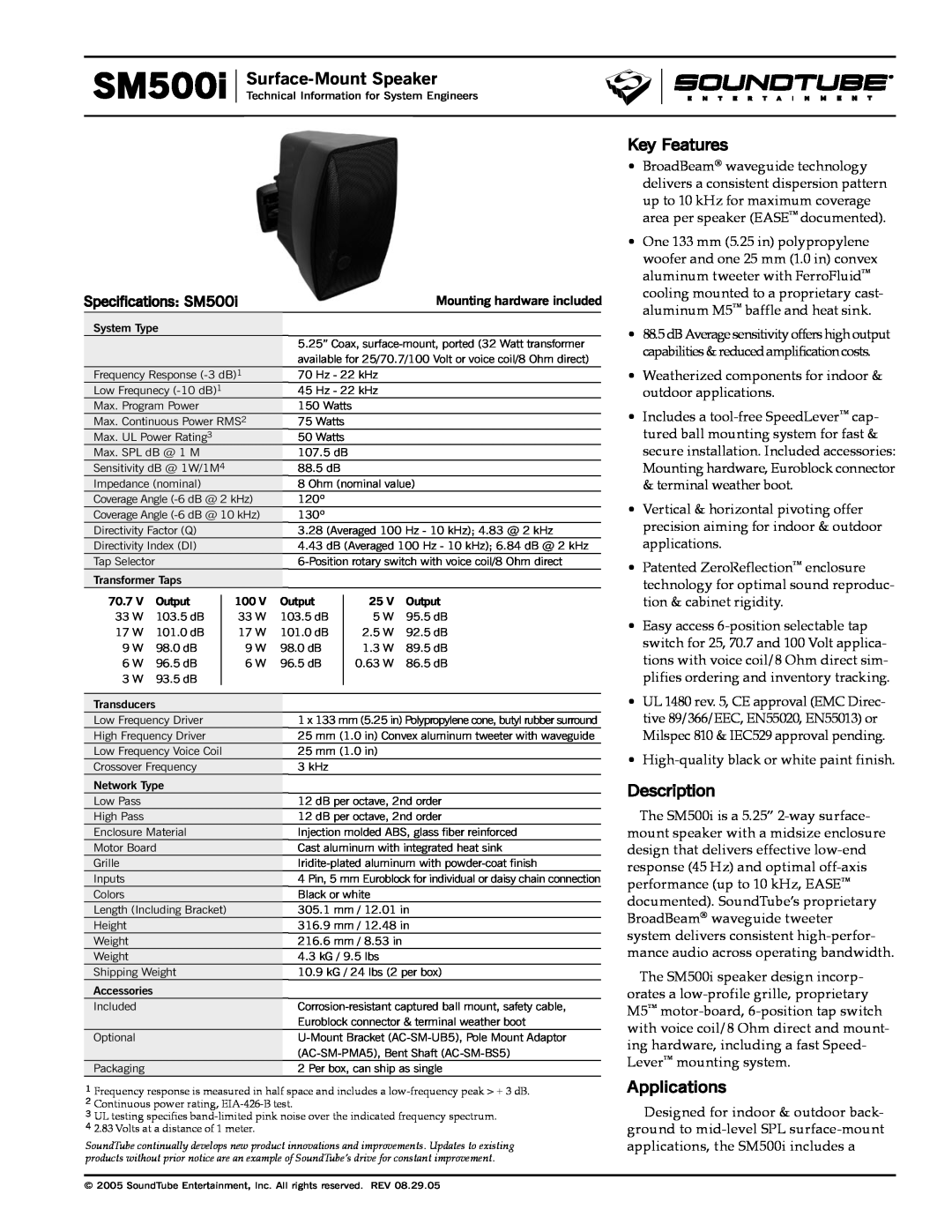 Phase Technology specifications SM500i Surface-MountSpeaker, Key Features, Description, Applications 