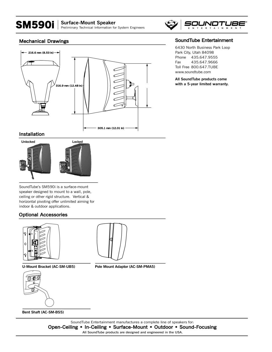 Phase Technology SM590i specifications Mechanical Drawings, Installation, SoundTube Entertainment, Optional Accessories 