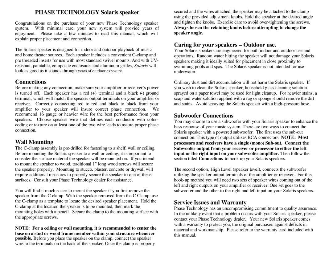 Phase Technology SPF 35, SPF 25 warranty Phase Technology Solaris speaker, Wall Mounting, Subwoofer Connections 