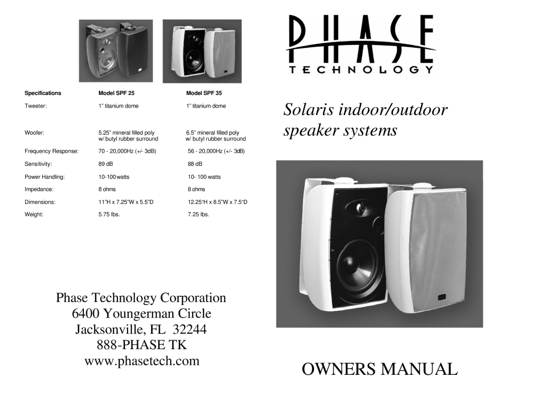 Phase Technology SPF 25, SPF 35 warranty Specifications Model SPF 