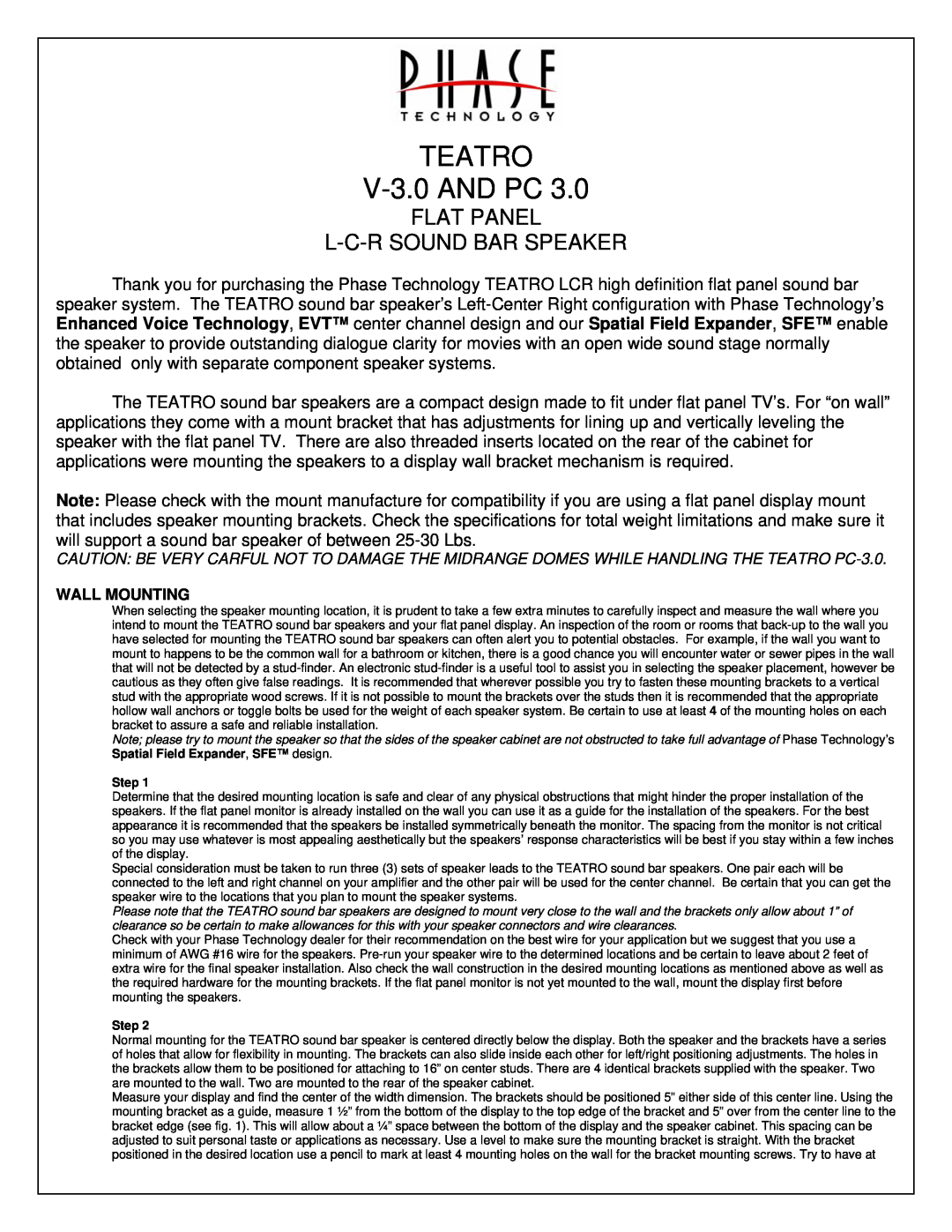 Phase Technology PC-3.0 manual TEATRO V-3.0AND PC, Flat Panel L-C-Rsound Bar Speaker 
