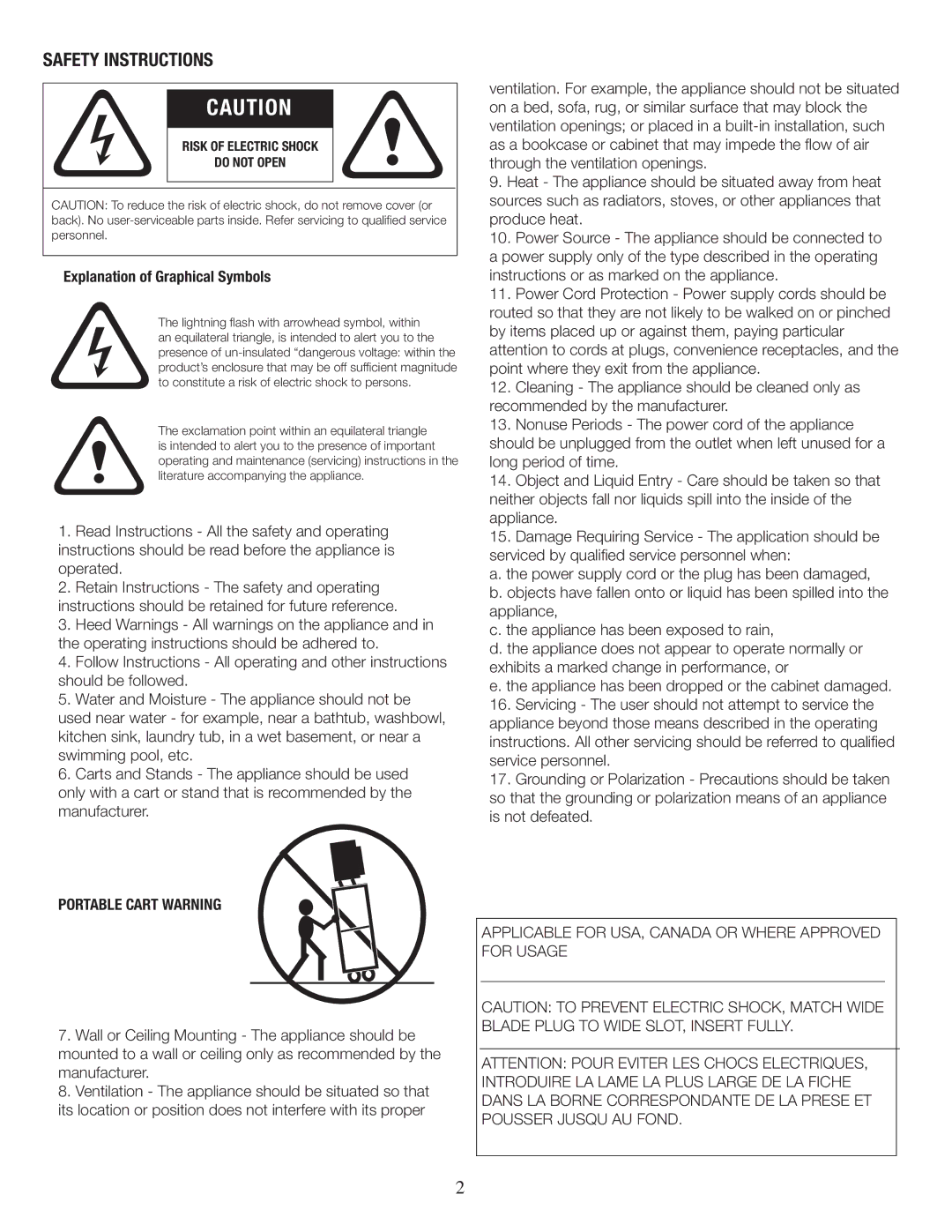 Phase Technology V52 Safety Instructions, Portable Cart Warning, Applicable for USA, Canada or Where Approved for Usage 