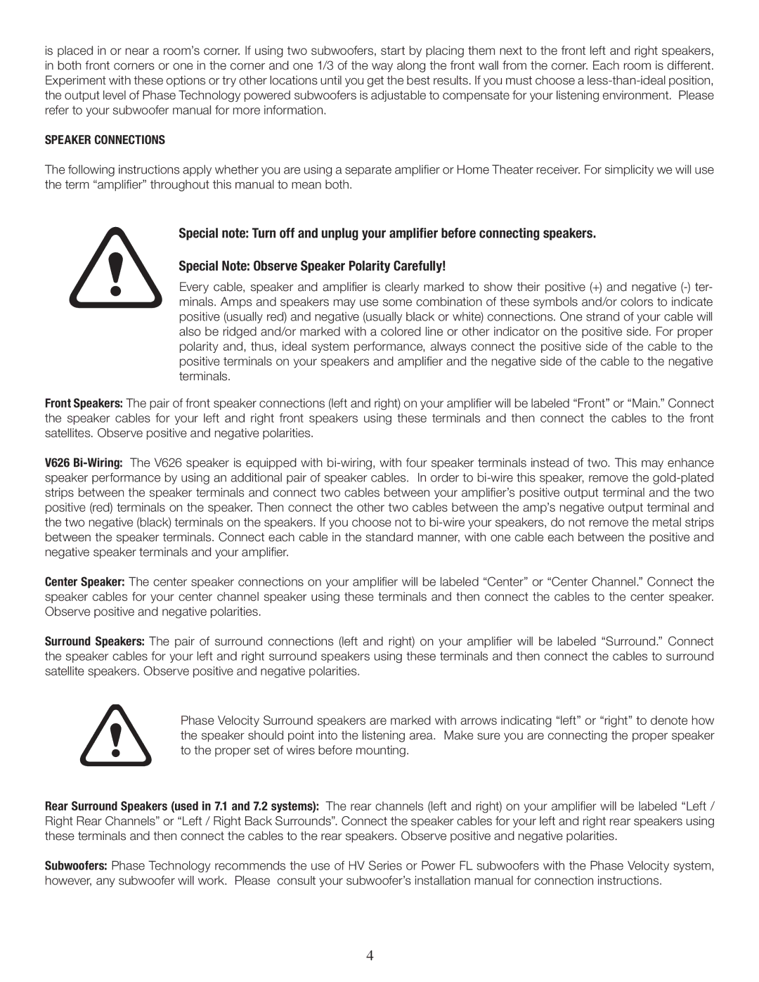 Phase Technology V5520, V-SURROUND-II, V52, V626 installation instructions Speaker Connections 