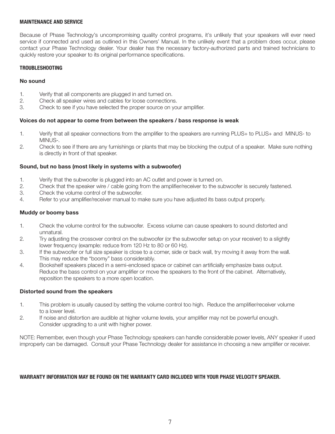 Phase Technology V52, V-SURROUND-II, V626, V5520 installation instructions Maintenance and Service, Troubleshooting 