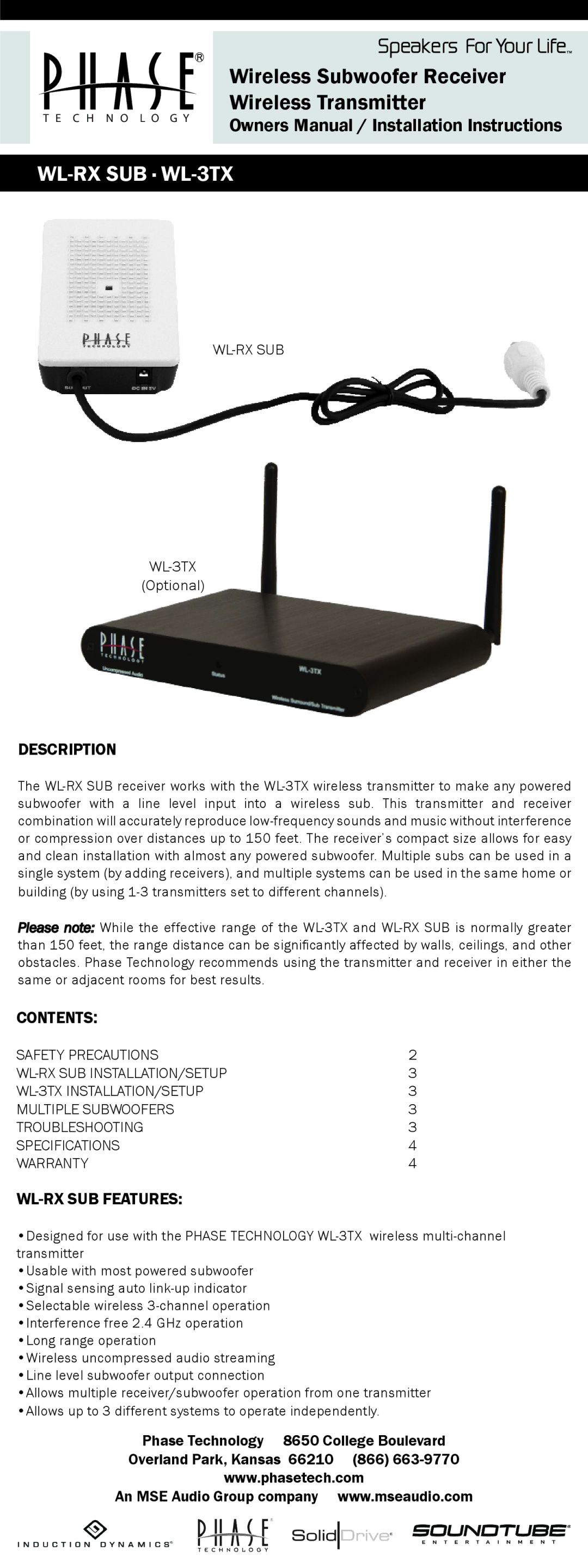 Phase Technology WL-3TX owner manual Description, Contents, WL-RX SUB Features 