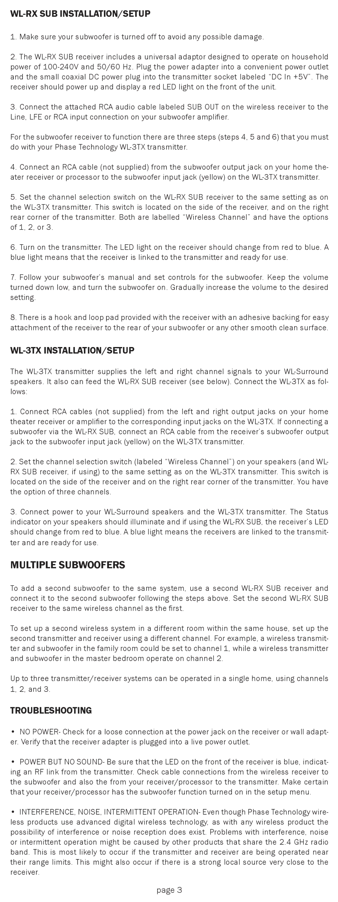 Phase Technology WL-RX SUB owner manual Wl-Rx Sub Installation/Setup, WL-3TX INSTALLATION/SETUP, Troubleshooting 