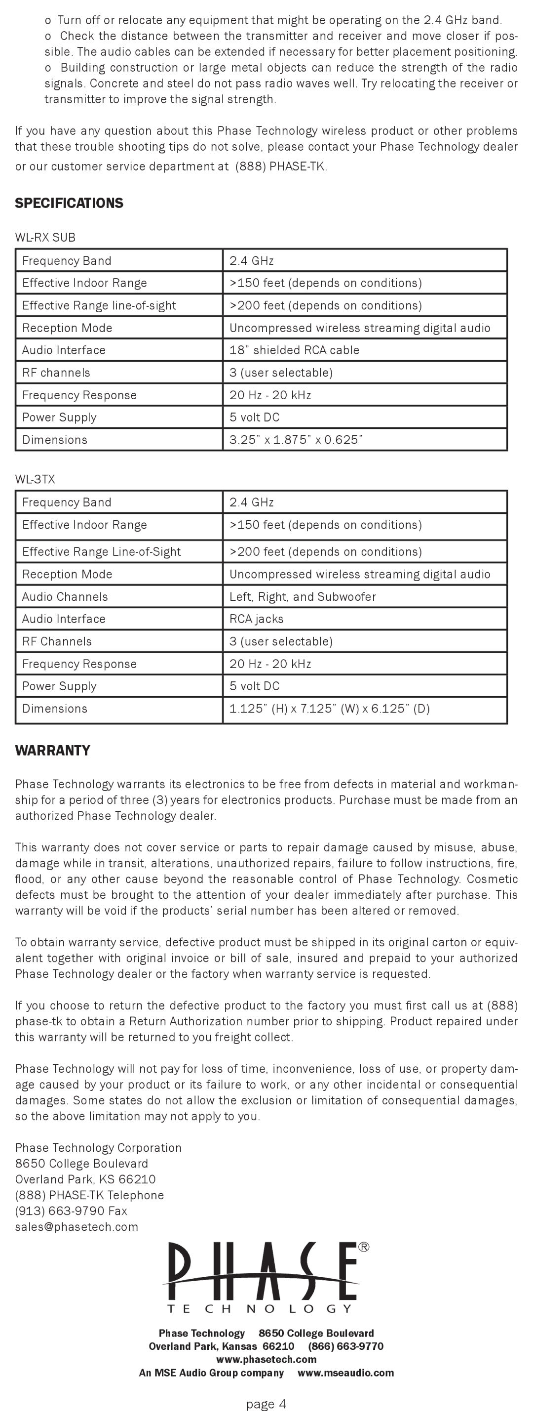 Phase Technology WL-3TX, WL-RX SUB owner manual Specifications, Warranty, Wl-Rx Sub 