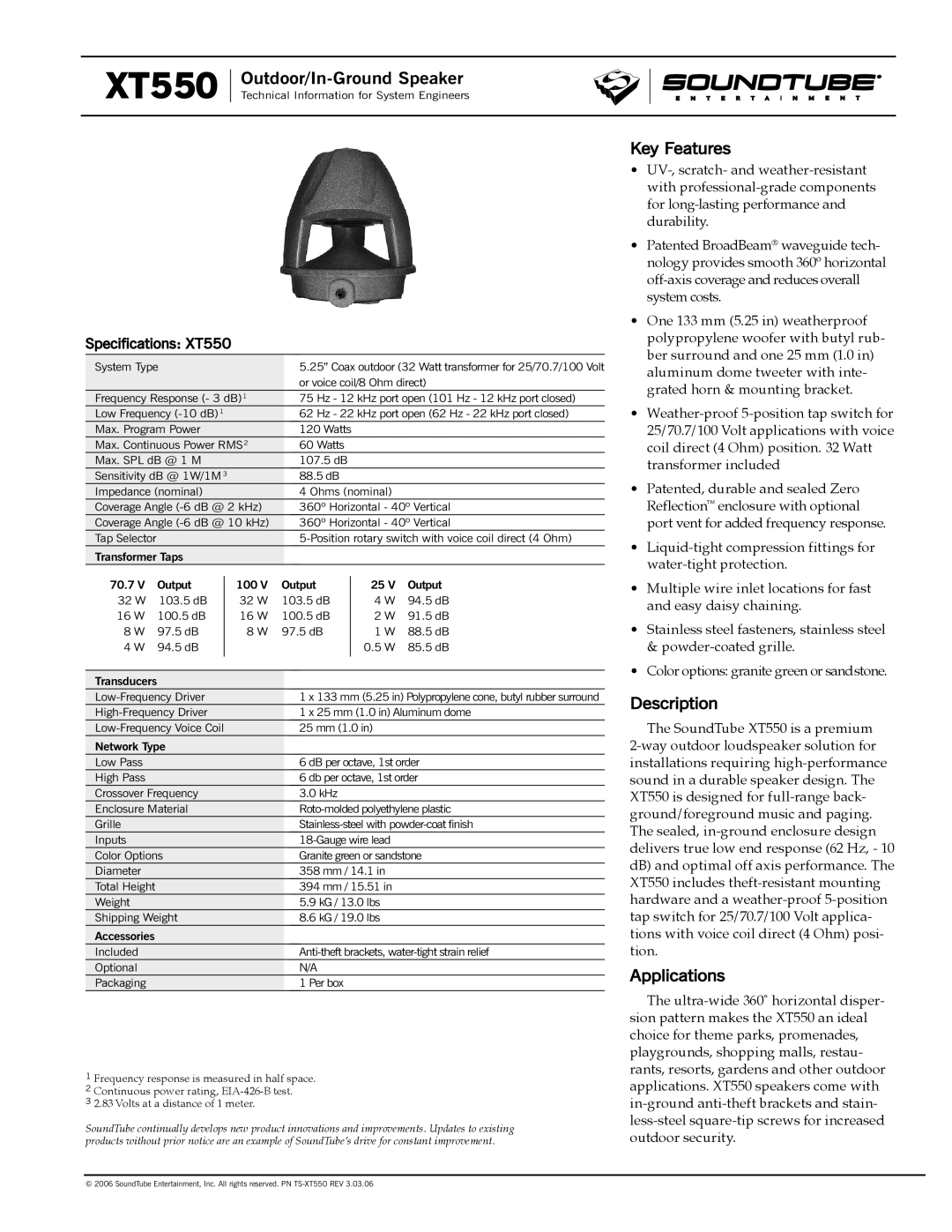 Phase Technology XT550 specifications Outdoor/In-Ground Speaker, Key Features, Description, Applications 