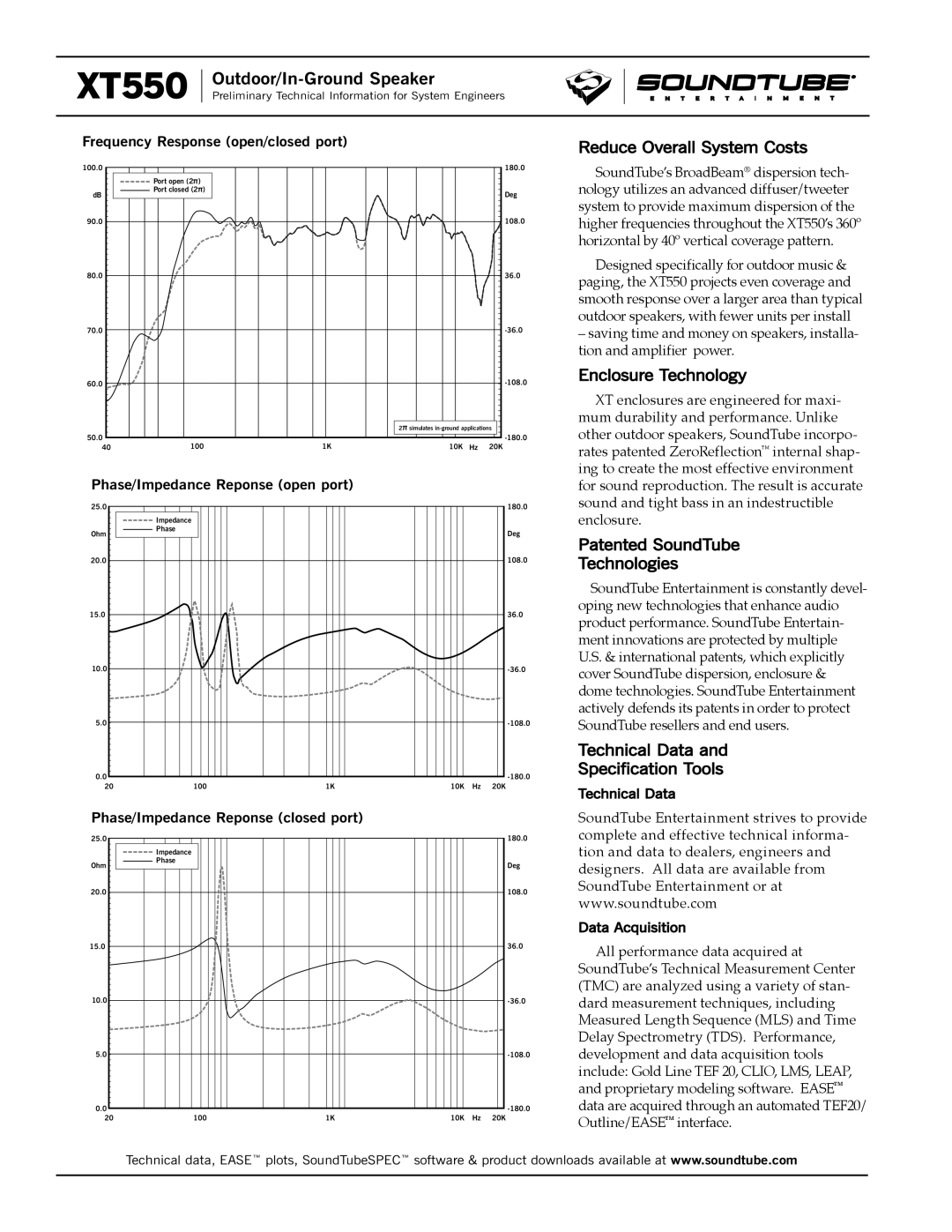 Phase Technology XT550 Reduce Overall System Costs, Enclosure Technology, Patented SoundTube, Technologies, Technical Data 