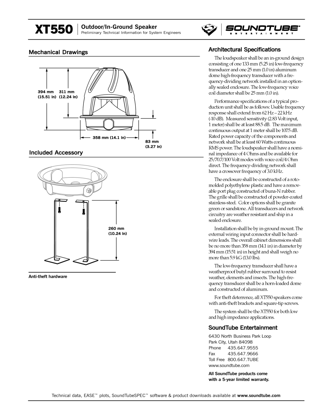 Phase Technology XT550 Mechanical Drawings, Included Accessory, Architectural Specifications, SoundTube Entertainment 