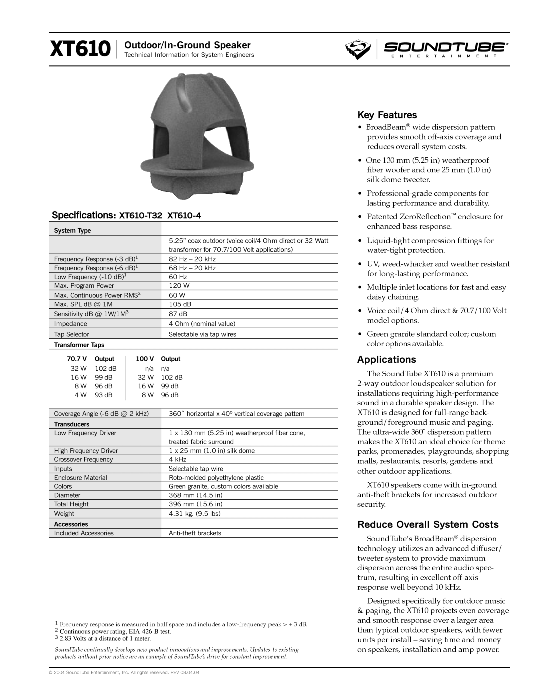 Phase Technology XT610 specifications Outdoor/In-Ground Speaker, Key Features, Applications, Reduce Overall System Costs 