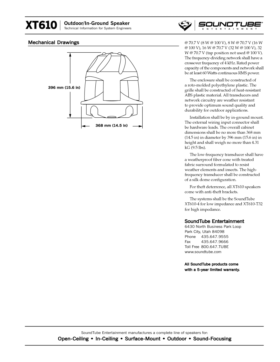 Phase Technology XT610 Mechanical Drawings, SoundTube Entertainment, North Business Park Loop Park City, Utah Phone 