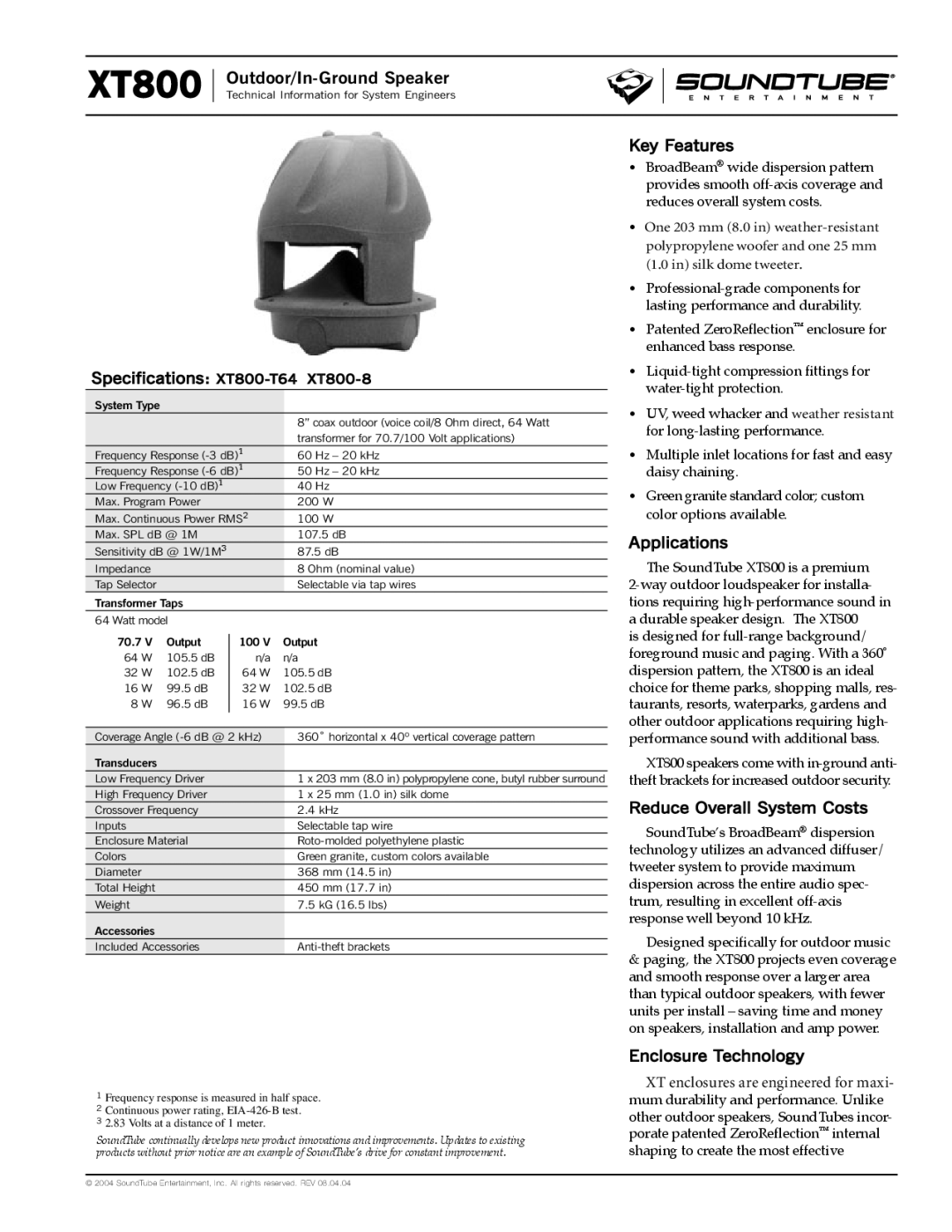 Phase Technology XT800 specifications Outdoor/In-Ground Speaker, Key Features, Applications, Reduce Overall System Costs 