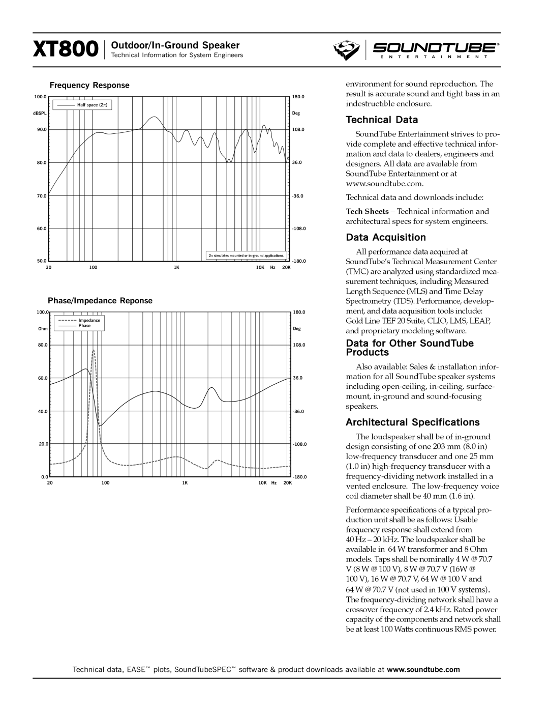 Phase Technology XT800 Technical Data, Data Acquisition, Data for Other SoundTube Products, Architectural Specifications 