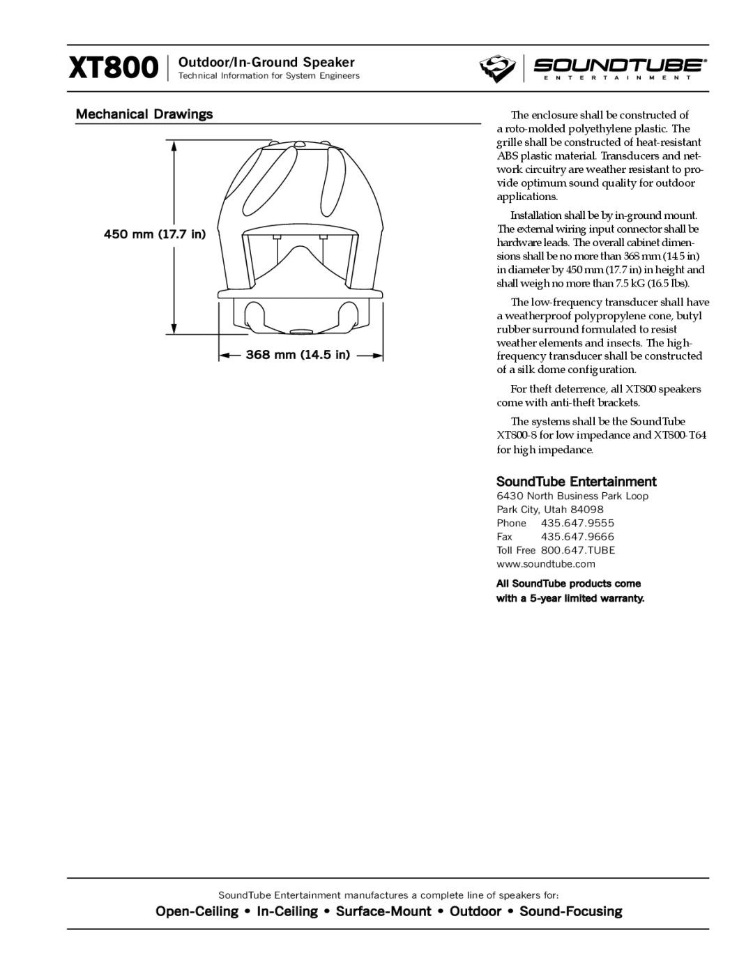 Phase Technology XT800 Mechanical Drawings, SoundTube Entertainment, North Business Park Loop Park City, Utah Phone 