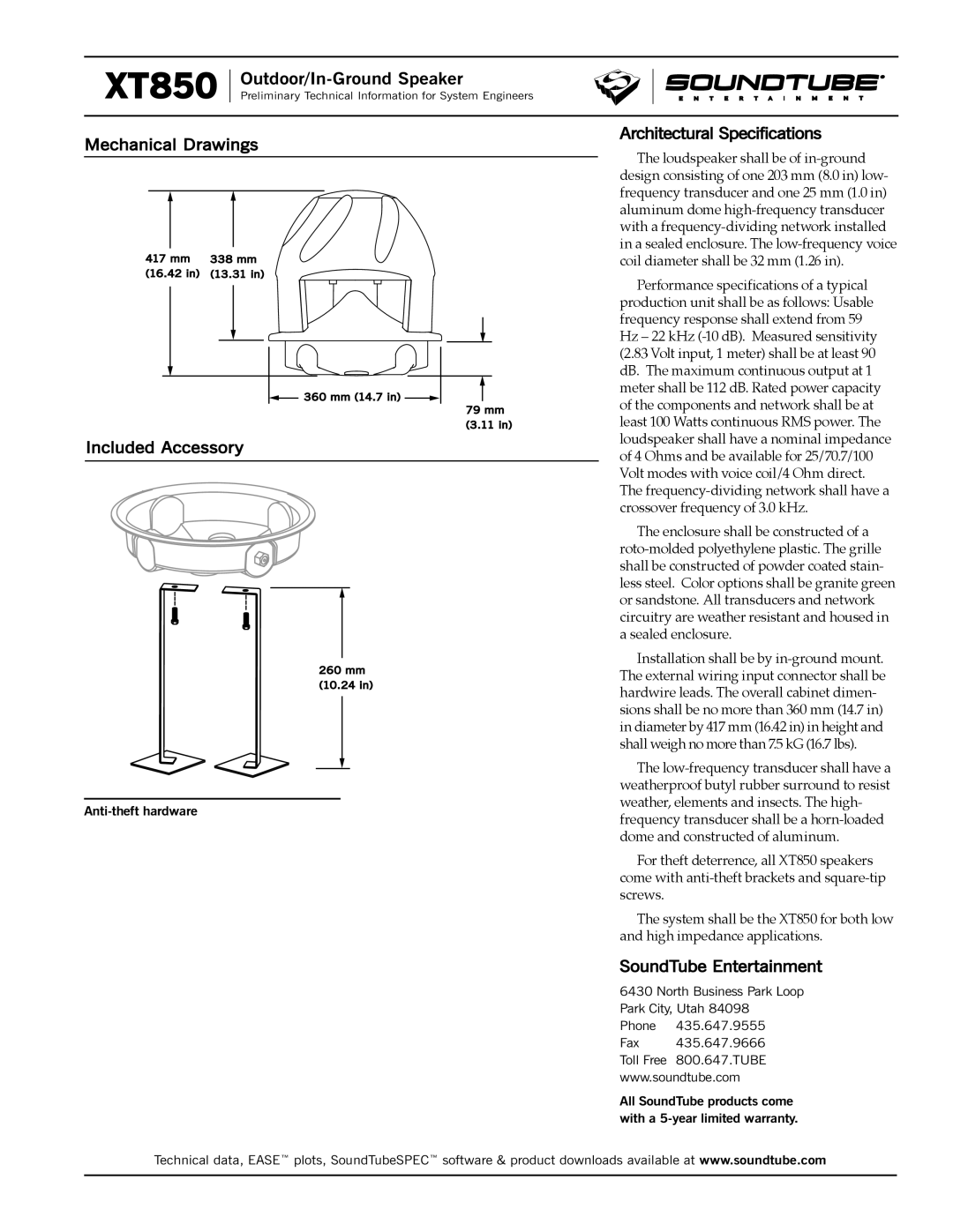 Phase Technology XT850 Mechanical Drawings, Included Accessory, Architectural Specifications, SoundTube Entertainment 