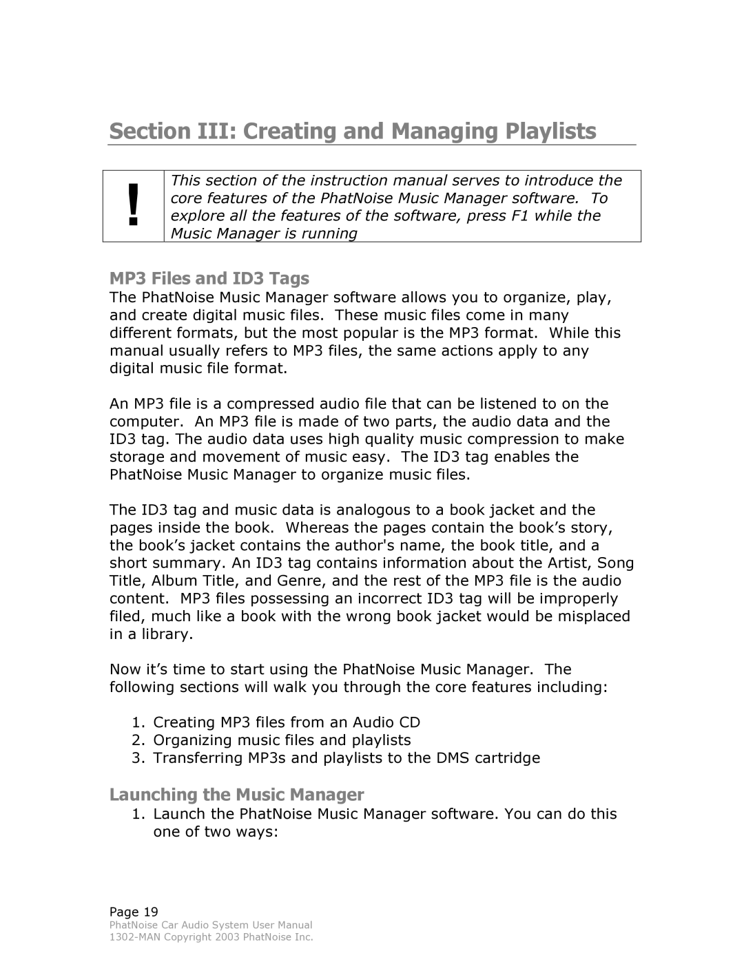 PhatNoise Car Audio System manual Section III Creating and Managing Playlists, MP3 Files and ID3 Tags 