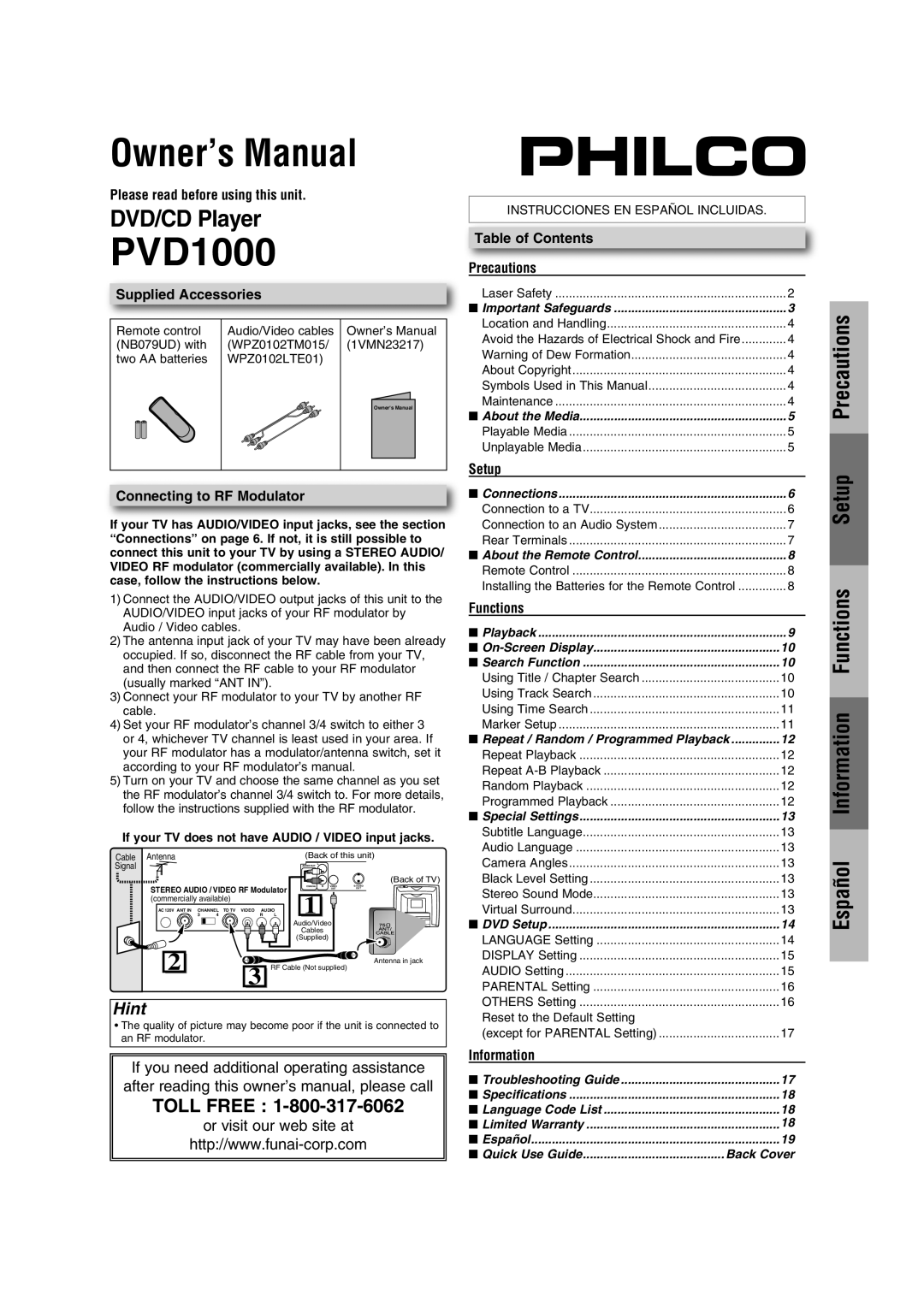 Philco Crafts PVD1000 manual Hint 
