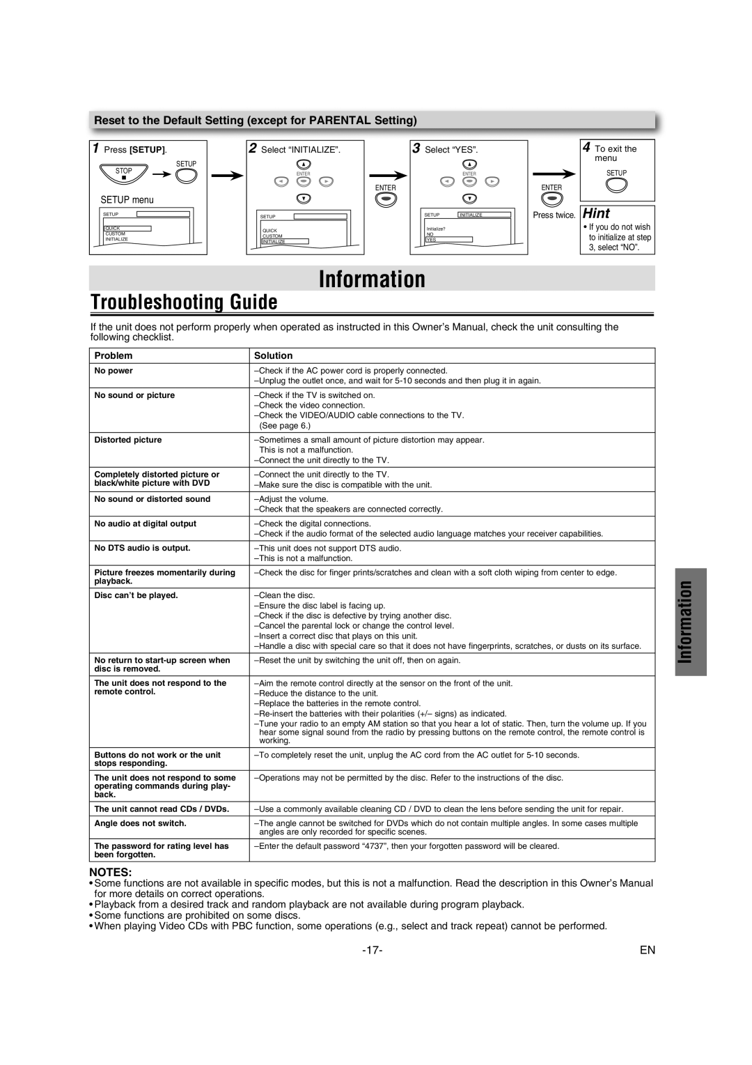 Philco Crafts PVD1000 manual Information, Troubleshooting Guide, Reset to the Default Setting except for Parental Setting 